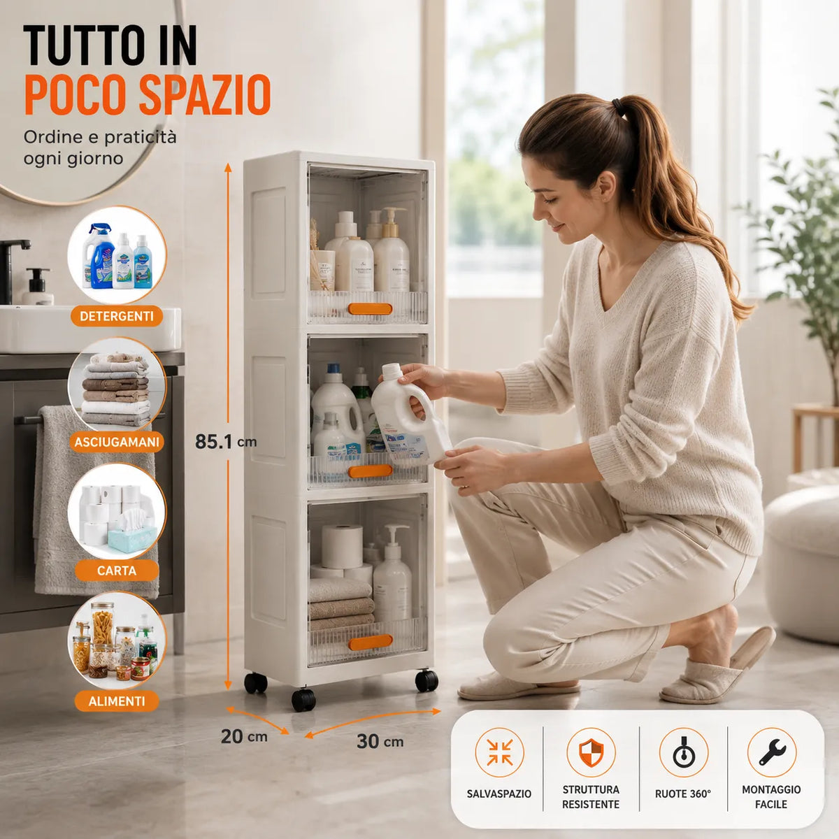 Armadio Slim Salvaspazio con Ruote 360° – Mobile Organizer Multiuso 3 Ripiani per Bagno, Cucina, Lavanderia e Casa