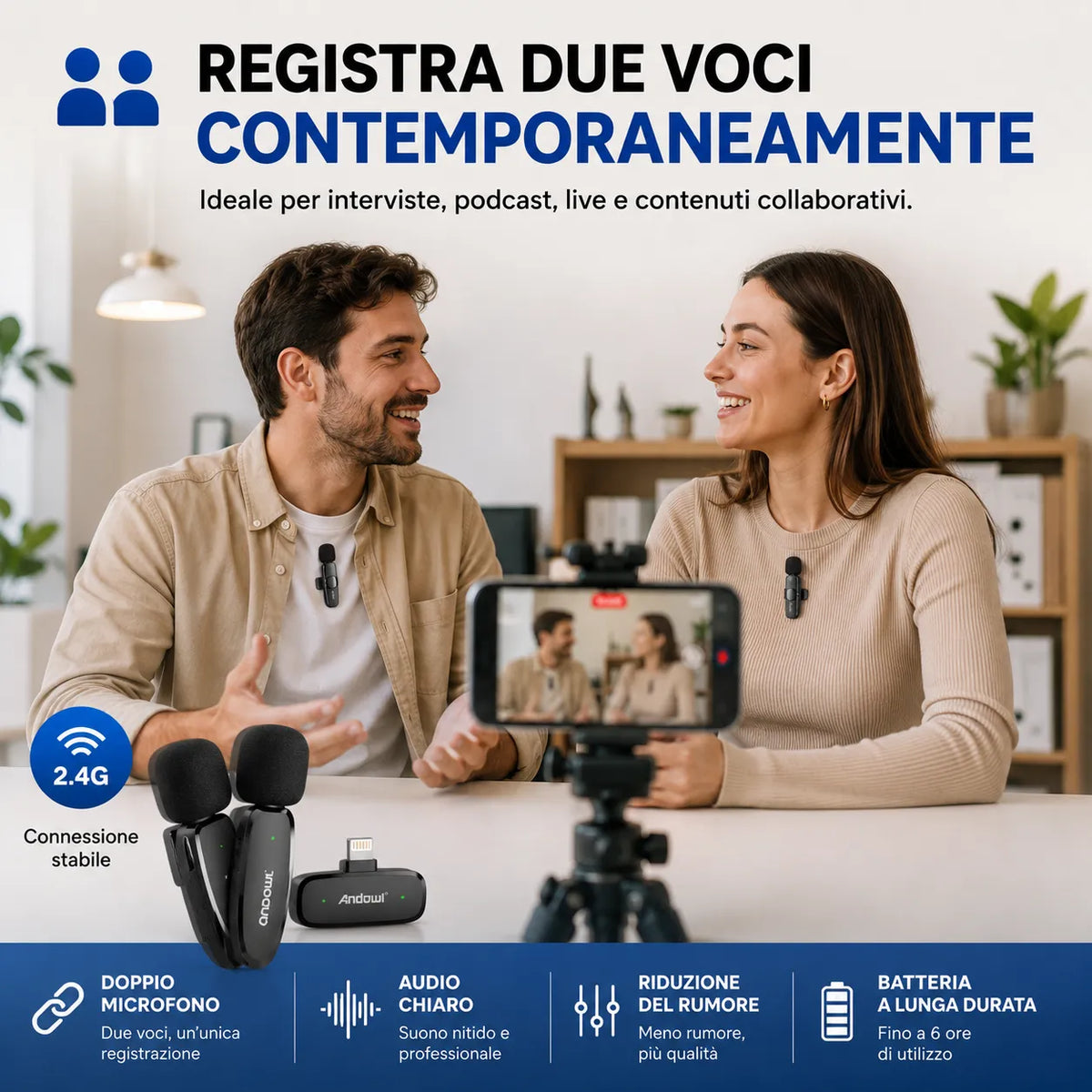 Microfono Wireless Lavalier per iPhone Lightning Senza Fili con Riduzione del Rumore – Plug & Play