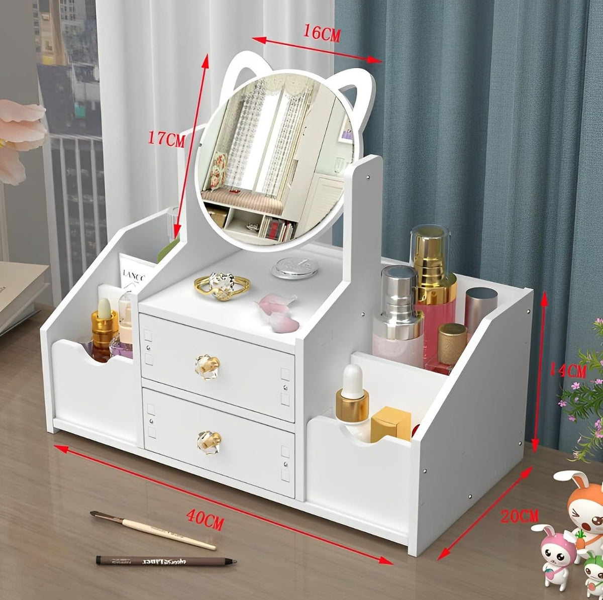 Organizzatore Trucco in Legno con Specchio Rotante 360°