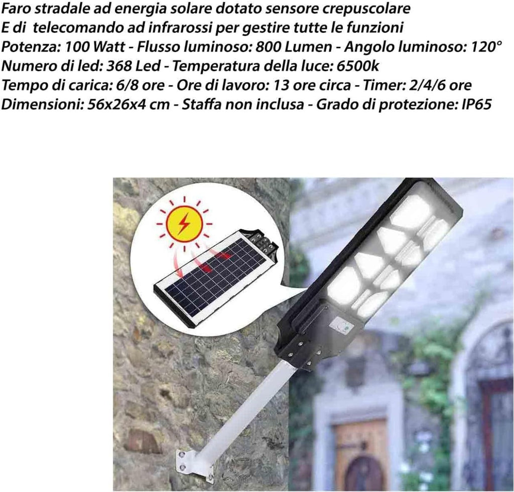 Lampione Solare LED Esterno con Staffa - 100W, 374 LED, 1000mAh, Telecomando e Sensore di Movimento