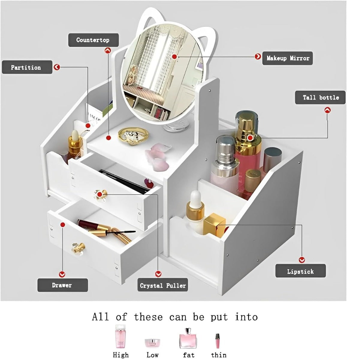 Organizzatore Trucco in Legno con Specchio Rotante 360°