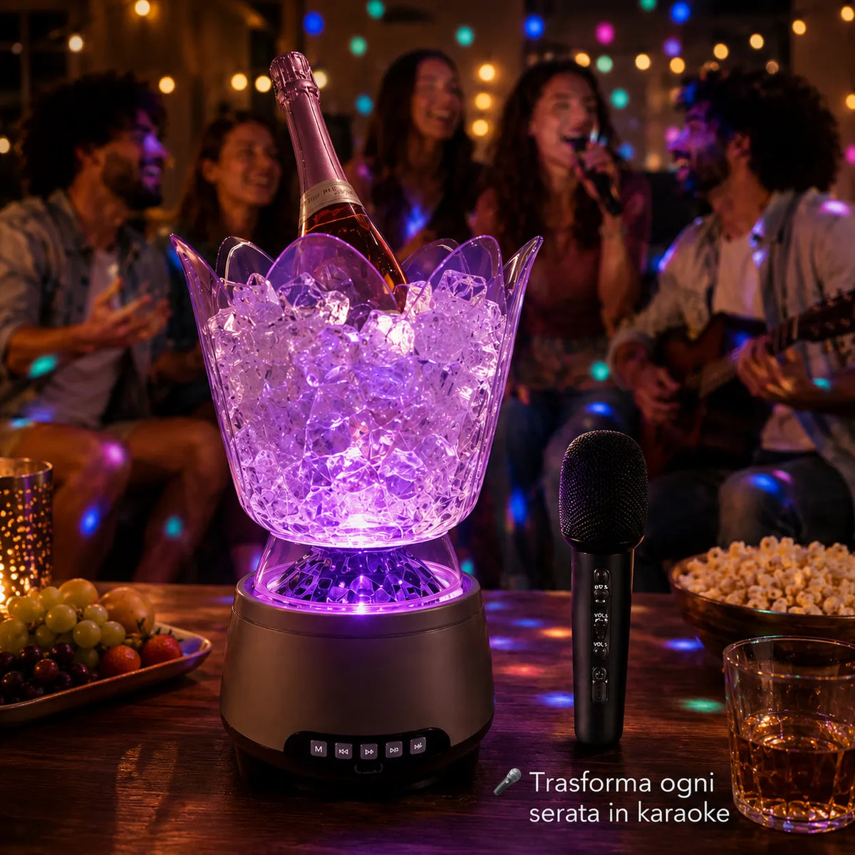 Secchiello Ghiaccio Karaoke Bluetooth con Microfono Wireless RGB – Ice Bucket Speaker LED Portatile per Feste, Spiaggia e Aperitivi – Effetti Luminosi Multicolor
