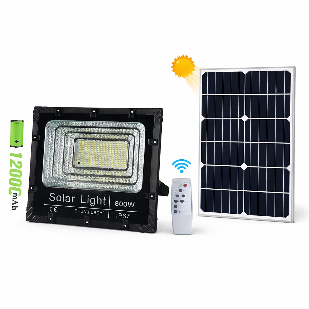 Faro LED Solare 800W IP67 con Batteria 12000mAh e Telecomando Wireless