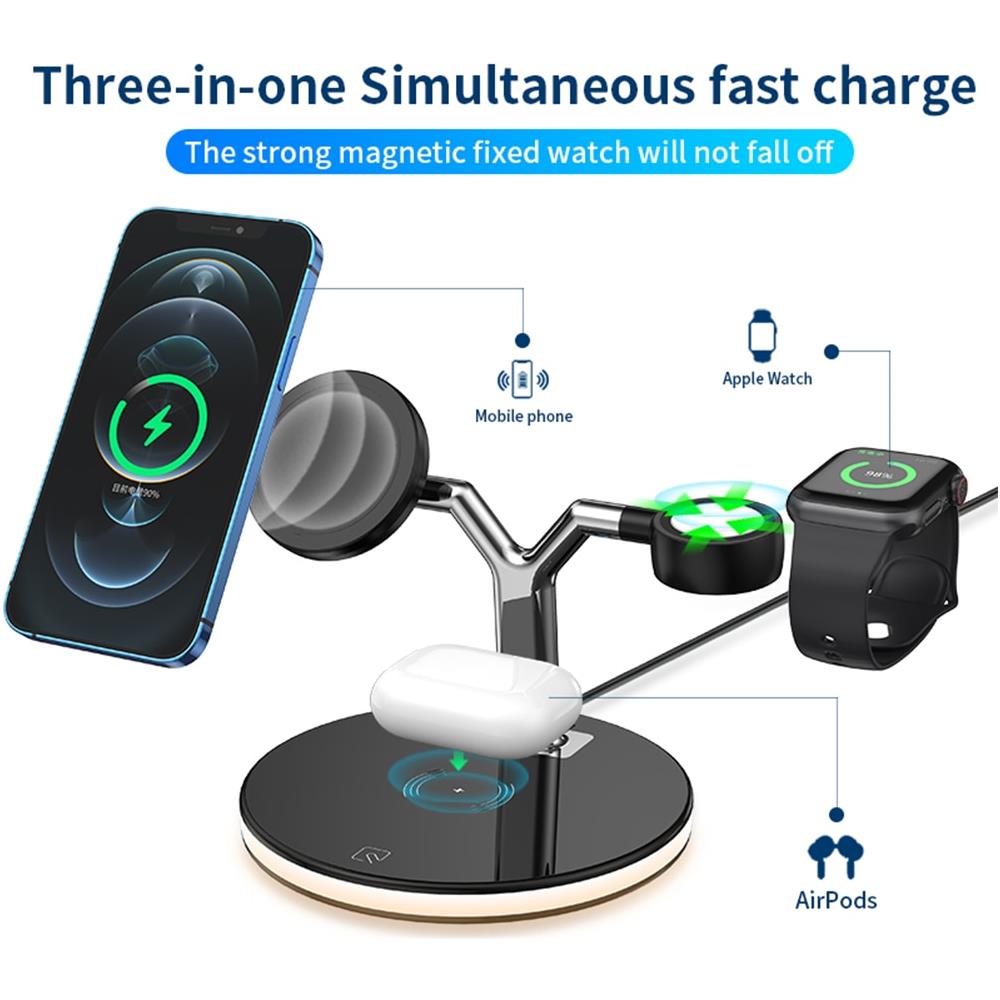 Caricabatterie wireless 3  in 1 model 970 15w per Iphone 12s / 12pro iwatch airpods pro stazione di ricarica rapida magnetica dock stand touch light