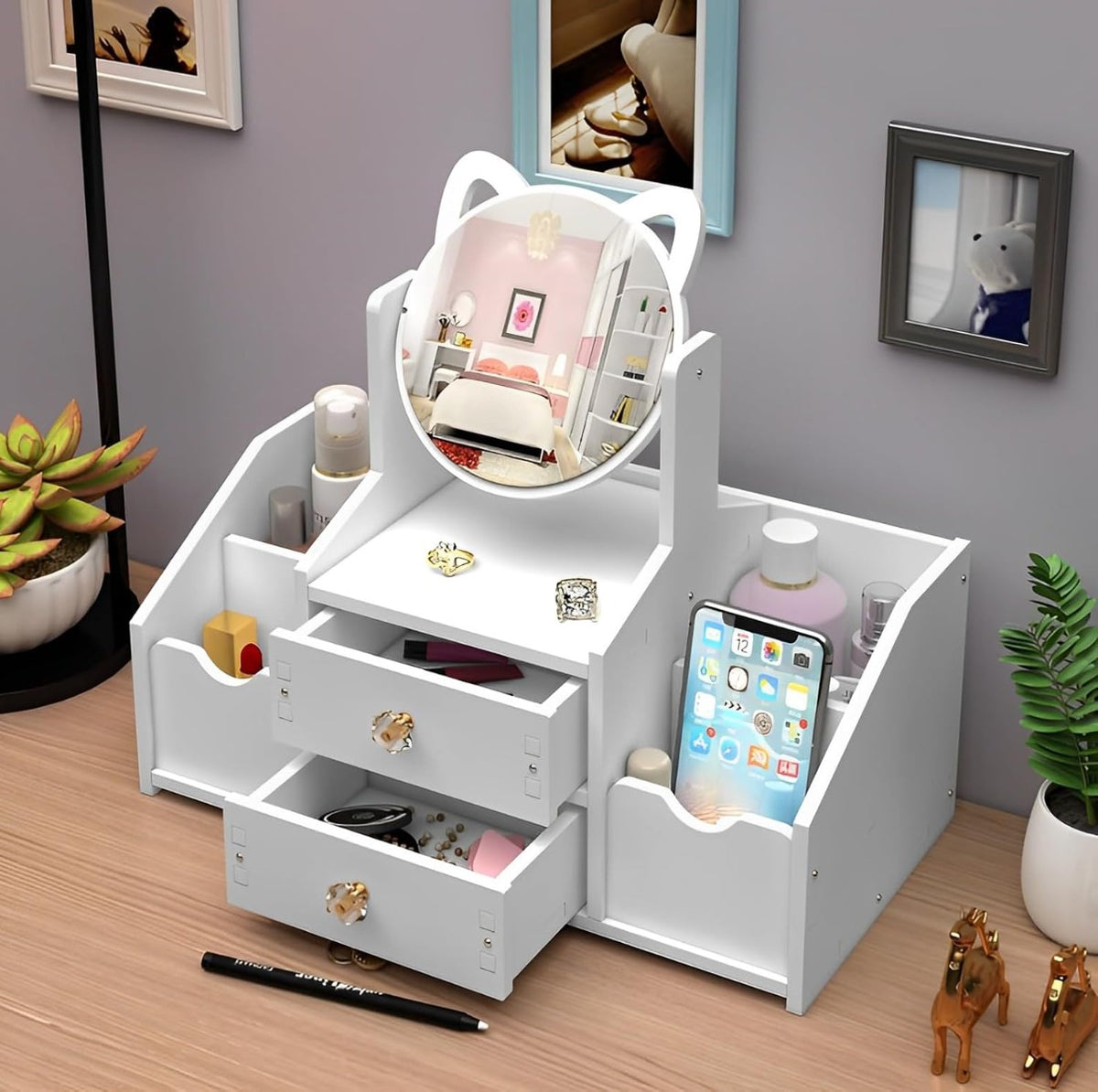 Organizzatore Trucco in Legno con Specchio Rotante 360°