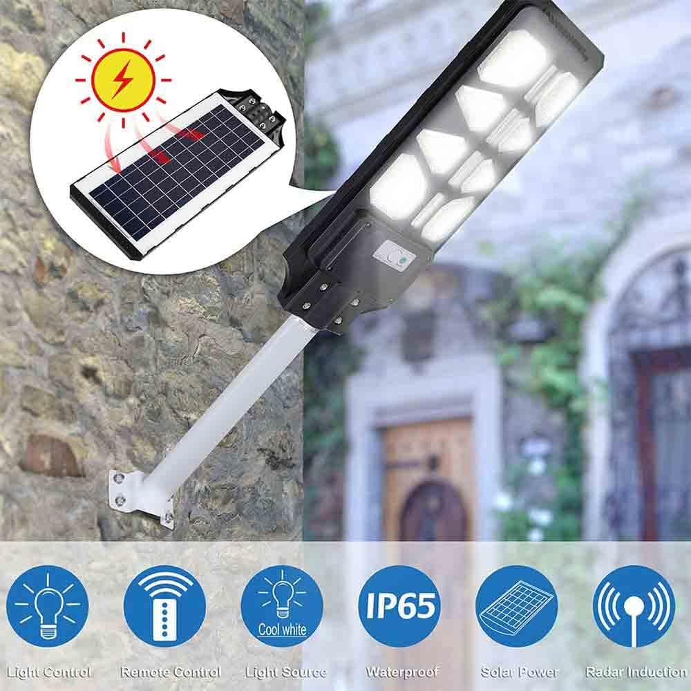 Lampione Solare LED Esterno con Staffa - 100W, 374 LED, 1000mAh, Telecomando e Sensore di Movimento