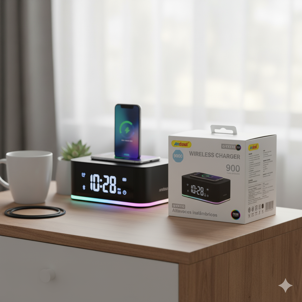Caricatore Wireless 3-in-1 Q-YX110: Speaker Bluetooth, Orologio e Luce Notturna!
