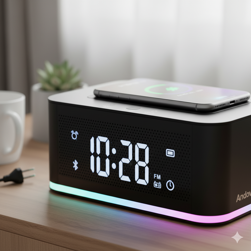Caricatore Wireless 3-in-1 Q-YX110: Speaker Bluetooth, Orologio e Luce Notturna!