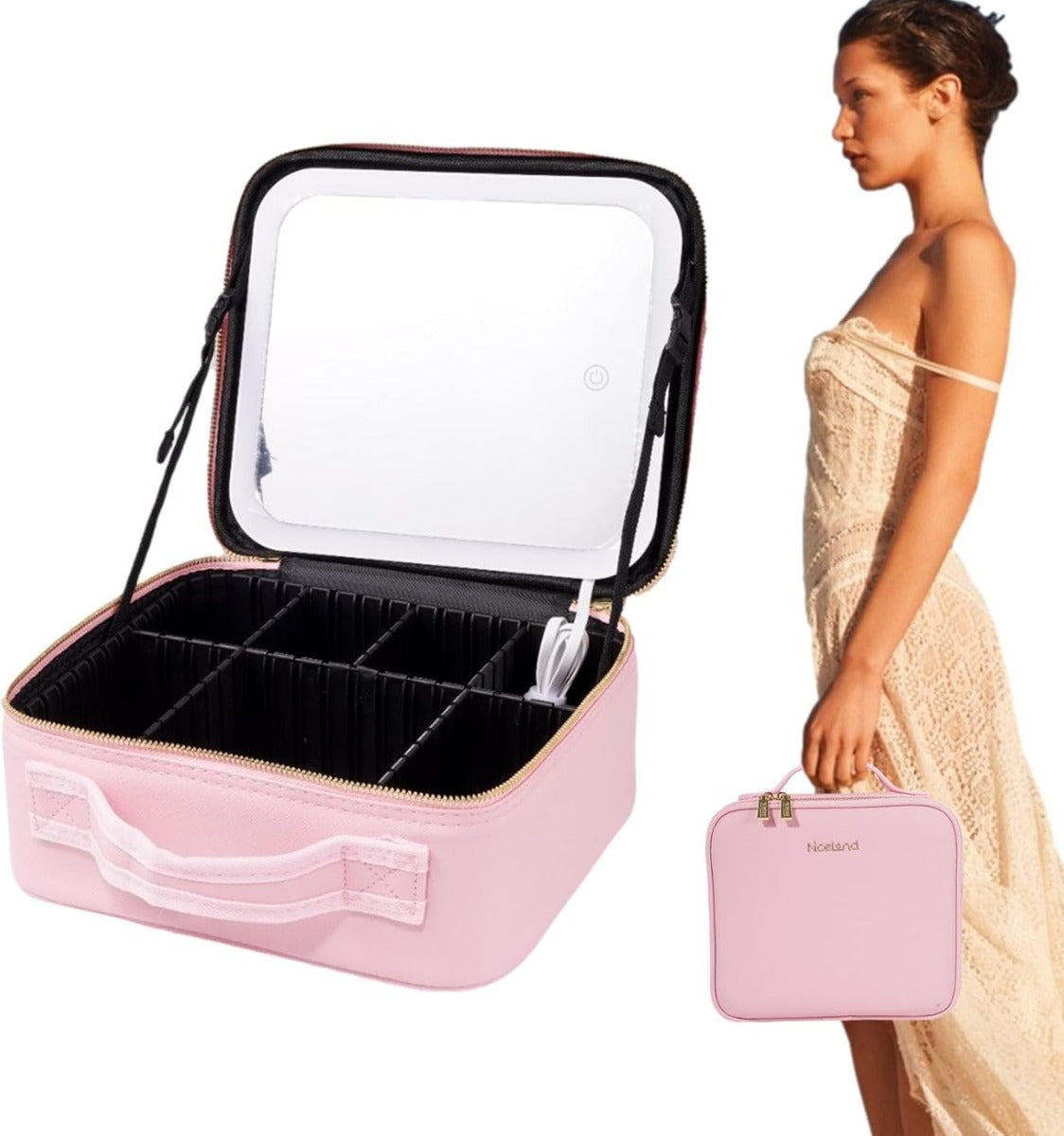 Borsa per Trucco con Specchio Illuminato a LED – Custodia da Viaggio con 3 Impostazioni di Colore, Elegante e Funzionale