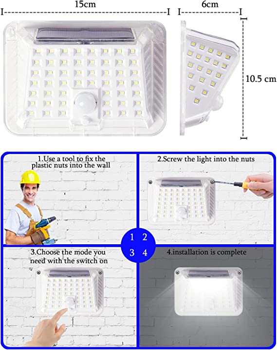 Luci solari per esterni Wireless LED Sensore di movimento solare Luci 3 modalita Illuminazione grandangolare 120 °  Impermeabile,