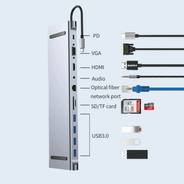Hub 11 in 1 usb type c adattatore con hdmi 4k vga ethernet lan sd audio pd hu990