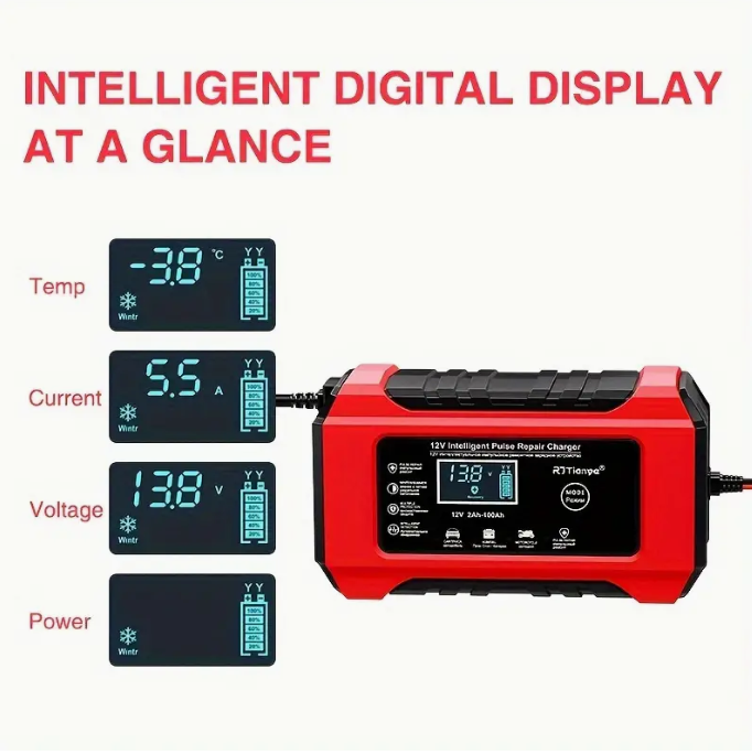 Caricabatterie Auto 12V  Intelligente con Schermo LCD, Multi Protezioni e Funzione Ripristino per Auto, Moto, Barche e Camion