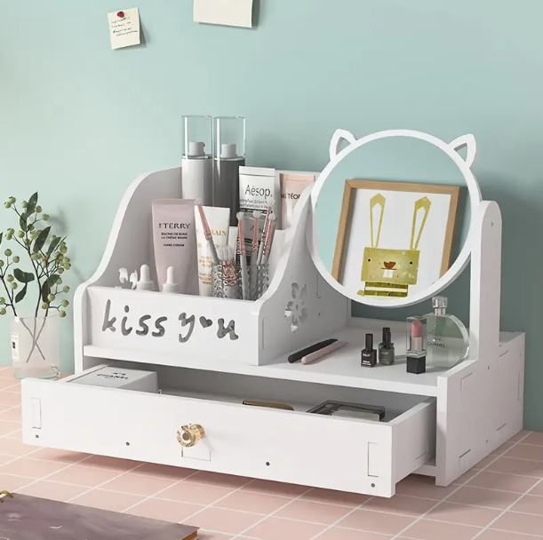 Organizer Trucco in Legno Bianco con Grande Capacità e Specchio Antipolvere