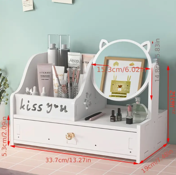 Organizer Trucco in Legno Bianco con Grande Capacità e Specchio Antipolvere