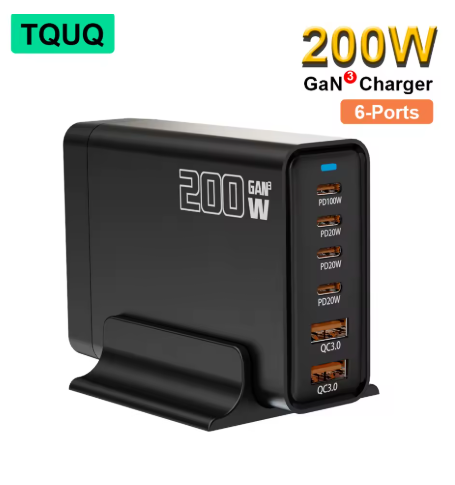 Caricabatterie USB-C 200W – Stazione di Ricarica Rapida GaN a 6 Porte