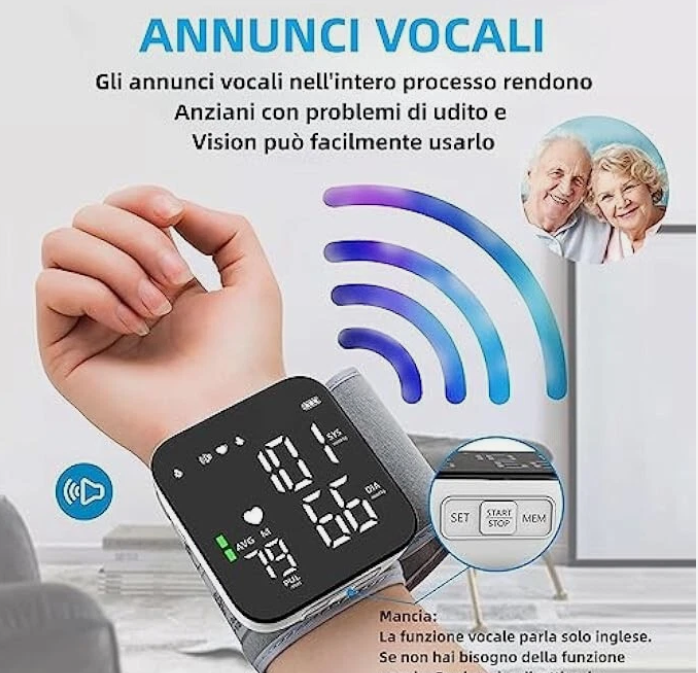 Misuratore di Pressione da Polso – Display LED HD Retroilluminato, Modalità Silenziosa, Funzione Vocale, Doppio Utente