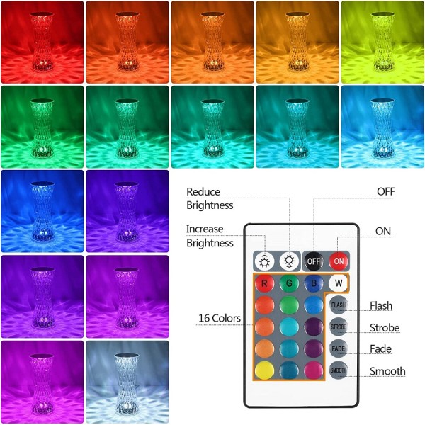 Lampada da tavolo in cristallo a led diamantata con 16 colori ricaricabile touch
