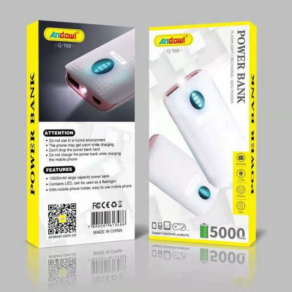 Power Bank Portatile 5000mah Con Torcia A Led 2 Porte Usb Ricarica Veloce Q-T69