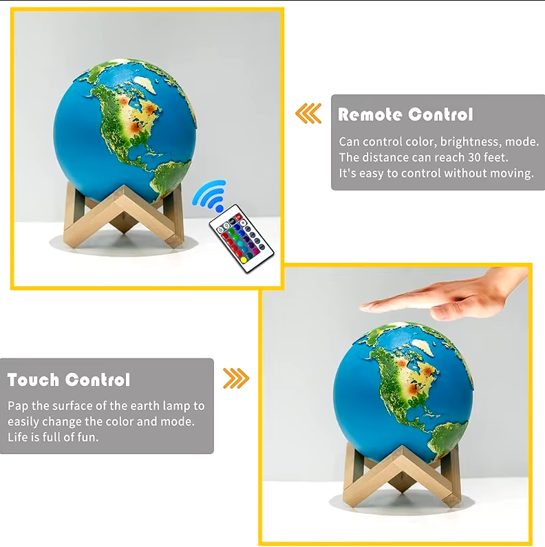 Lampada Globo 3D Touch - Terra con Base in Legno e Ricarica USB 16 colori con telecomando