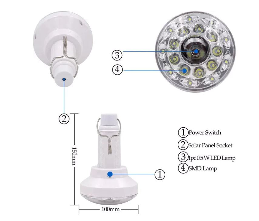 Lampadina LED portatile con pannello solare e gancio