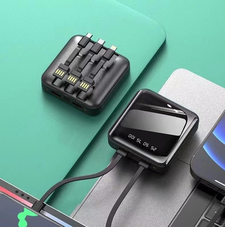 Mini Power Bank 6800mAh con 2 Porte USB e Cavi Integrati Display LED, Torcia e Ricarica Universale per Smartphone e Dispositivi Portatili