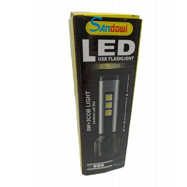 Torcia led usb ricaricabile 5w+3 luci cob campeggio escursionismo caccia q-led66