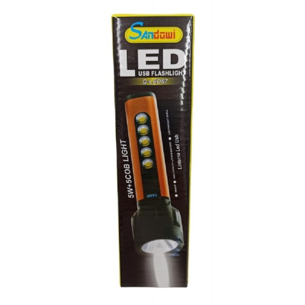 Torcia usb led ricaricabile 5w+5 cob light campeggio ciclismo escursioni q-led67