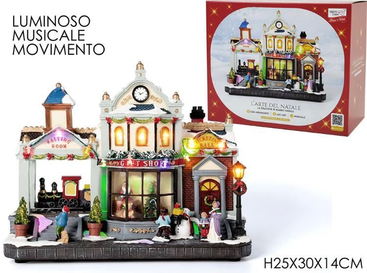 Stazione di Babbo Natale - Villaggio Natalizio con Luci LED, Movimento e Musica 30 cm