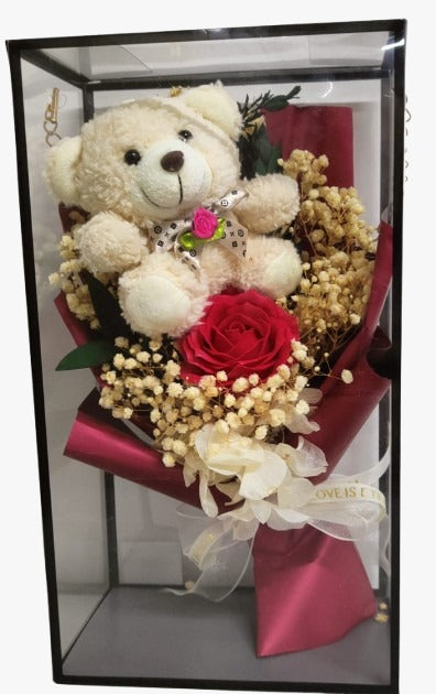Elegante Confezione Regalo con Peluche, Fiore Stabilizzato e Decorazioni Pregiate
