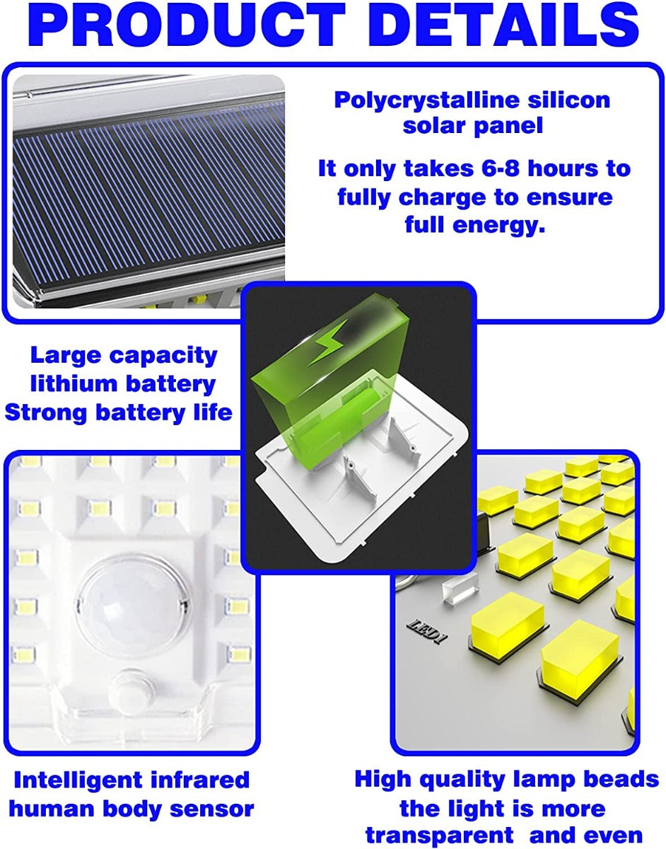 Luci solari per esterni Wireless LED Sensore di movimento solare Luci 3 modalita Illuminazione grandangolare 120 °  Impermeabile,